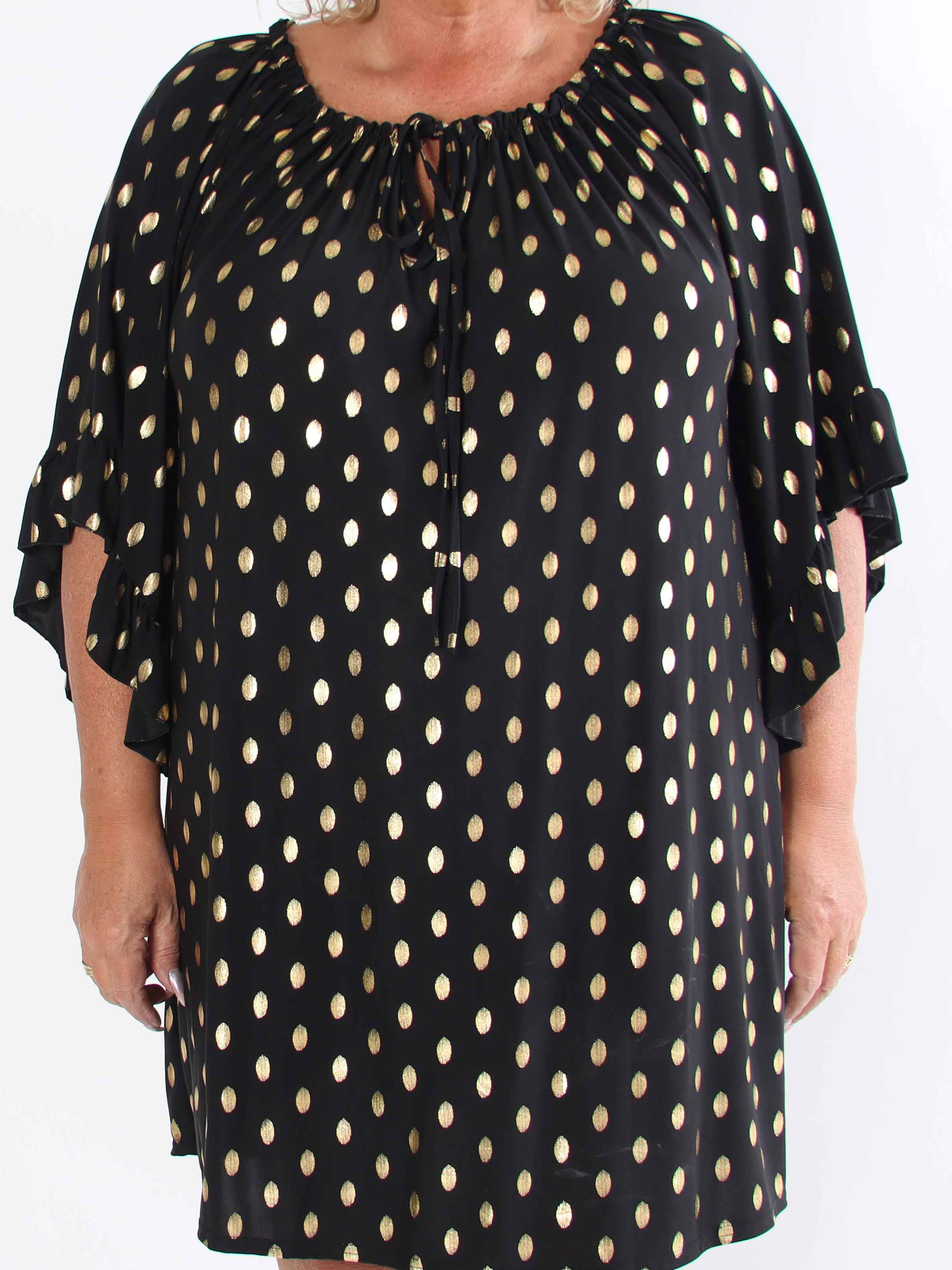 Yasma - Plus size tunikakjole med guld prikker og flæseærmer